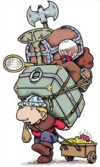 Cartoon of adventurer carrying too much stuff